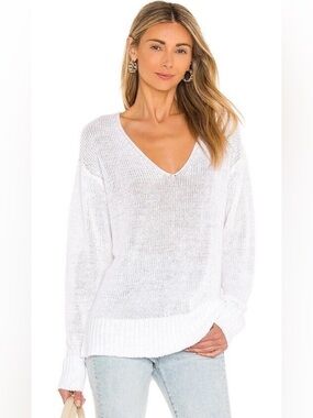 Theory Linen Blend Open Knit Sweater S White V Neck Lightweight Relaxed